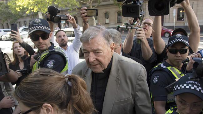 Cardinal George Pell arrives at the County Court in Melbourne, Australia, Wednesday, Feb. 27, 2019. The most senior Catholic cleric ever convicted of child sex abuse faces his first night in custody following a sentencing hearing on Wednesday that will decide his punishment for molesting two choirboys in a Melbourne cathedral two decades ago. (AP Photo/Andy Brownbill)