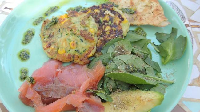 Sweetcorn zucchini fritters with added smoked salmon ($20).