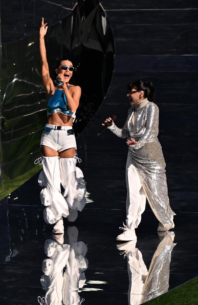 Tina Arena, right, on stage with US singer Katy Perry at the AFL Grand Final in Melbourne last weekend. Picture: Getty Images