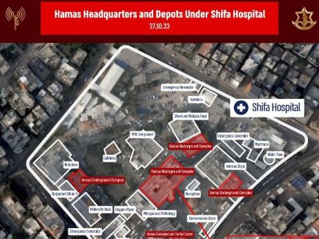 A satellite image issued by the IDF shows what the military says are Hamas command centres located underneath Shifa Hospital in Gaza. Picture: IDF