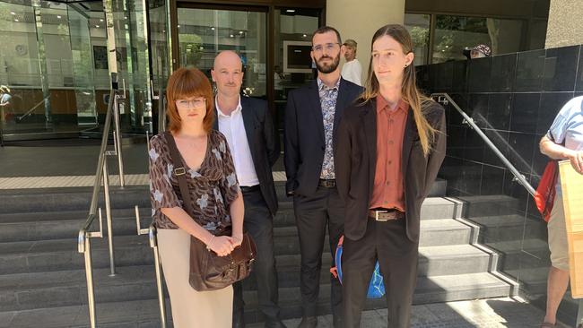 Disrupt Burrup activists, from left, Matilda Lane-Rose, Jesse Noakes, Gerard Mazza and Emil Davey attend Perth Magistrates Court on Tuesday. Picture: Paul Garvey