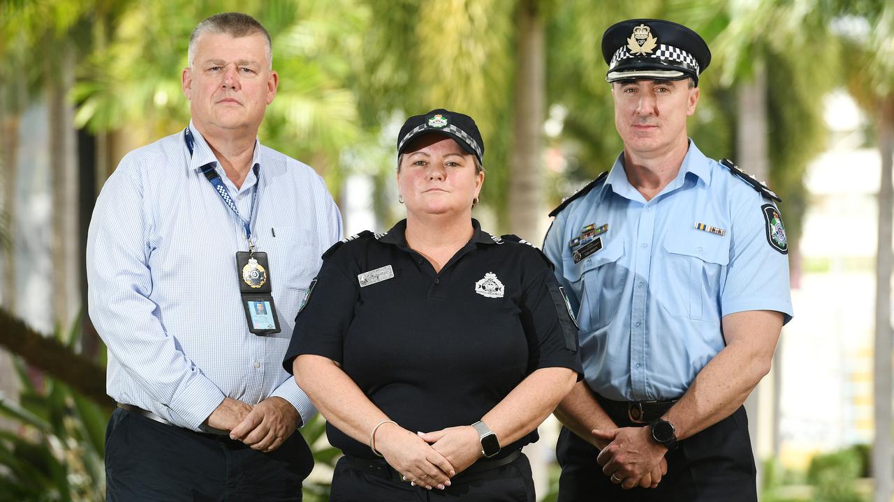 Senior Sergeant Adam Golding, Sergeant Elise Feltham and Townsville District Officer Acting Chief Superintendent Tom Armitt, launch Domestic and Family Violence Prevention Month. Picture: Shae Beplate.