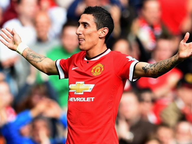 MANCHESTER, ENGLAND - OCTOBER 05: Angel Di Maria of Manchester United celebrates scoring the first goal during the Barclays Premier League match between Manchester United and Everton at Old Trafford on October 5, 2014 in Manchester, England. (Photo by Michael Regan/Getty Images)