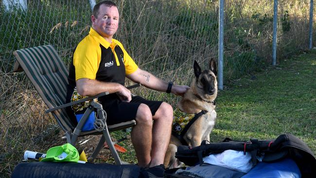 Townsville RSL Veteran Homlessness Sleepout at the Thuringowa RSL. Veteran Garth Murray with his Assistance Dog Max were part of the sleepout to raise funds for other Veterans who are homeless. Picture: Evan Morgan