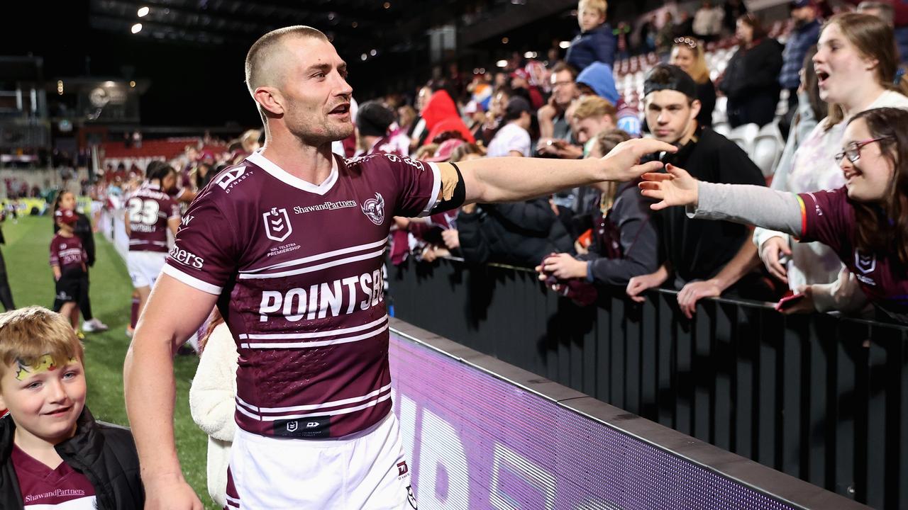 Kieran Foran farewelled the Manly fans after his final home game as a Sea Eagle. Picture: Cameron Spencer/Getty Images