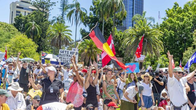 The Freedom Rally in the Brisbane CBD on Saturday. Picture: Richard Walker