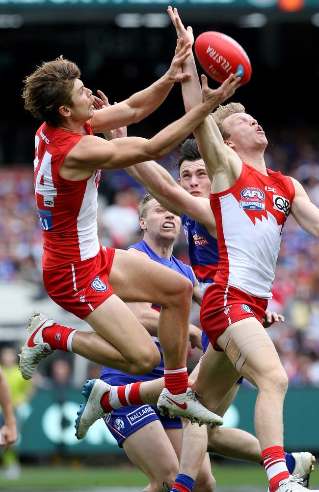 Dane Rampe climbs above a pack to mark in the 2016 grand final against Western Bulldogs. Picture: Wayne Ludbey.