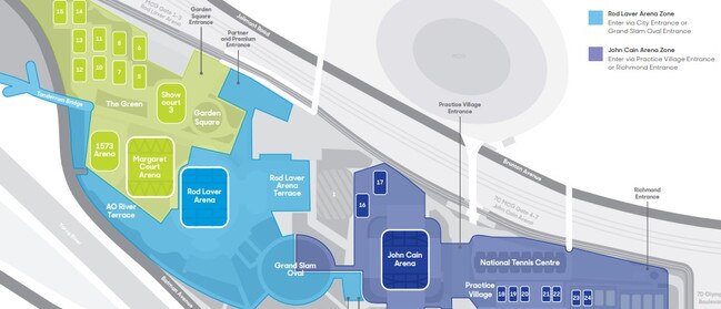 Aus Open‘s three ticket zones. Green: Margaret Court, Blue: Rod Laver, Purple: John Cain. Picture: Supplied.