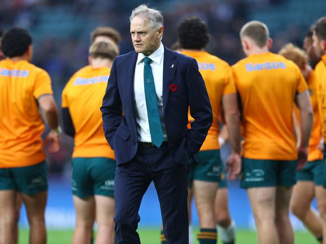 LONDON, ENGLAND - NOVEMBER 09: Joe Schmidt, Head Coach of Australia looks on as the team warms up prior to the Autumn Nations Series 2025 match between England and Australia at Allianz Stadium on November 09, 2024 in London, England. (Photo by Clive Rose/Getty Images)