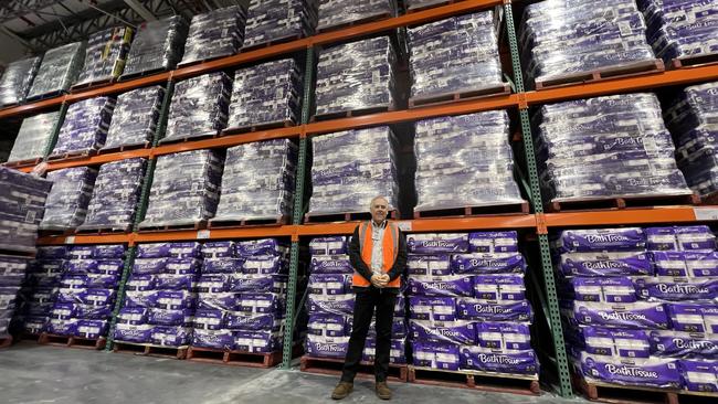 Costco Australia &amp; New Zealand Managing Director Patrick Noone with packets of toilet paper ready for sale at the Coomera store. Picture: Keith Woods.,