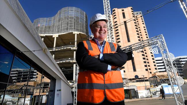 Adelaide Casino General Manager David Christian in front of SkyCity’s under-construction new casino/luxury hotel. Picture: Tricia Watkinson