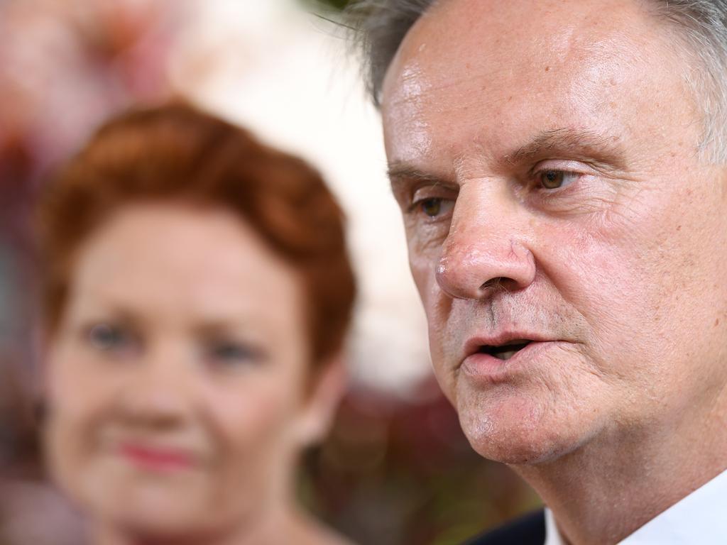 One Nation party leader Pauline Hanson with Mark Latham. Picture: Joel Carrett/AAP