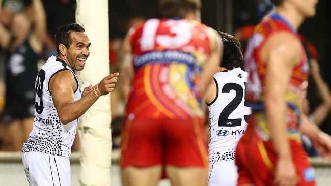 Carlton forward Eddie Betts celebrates his goal for Carlton against the Suns in the second quarter that sparked the Blues into action at TIO Stadium in Darwin. Picture: Getty Images