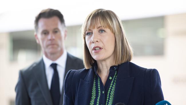 Transport Minister Jo Haylen, with Premier Chris Minns in the background, on Thursday. Picture: NCA NewsWire/ Monique Harmer