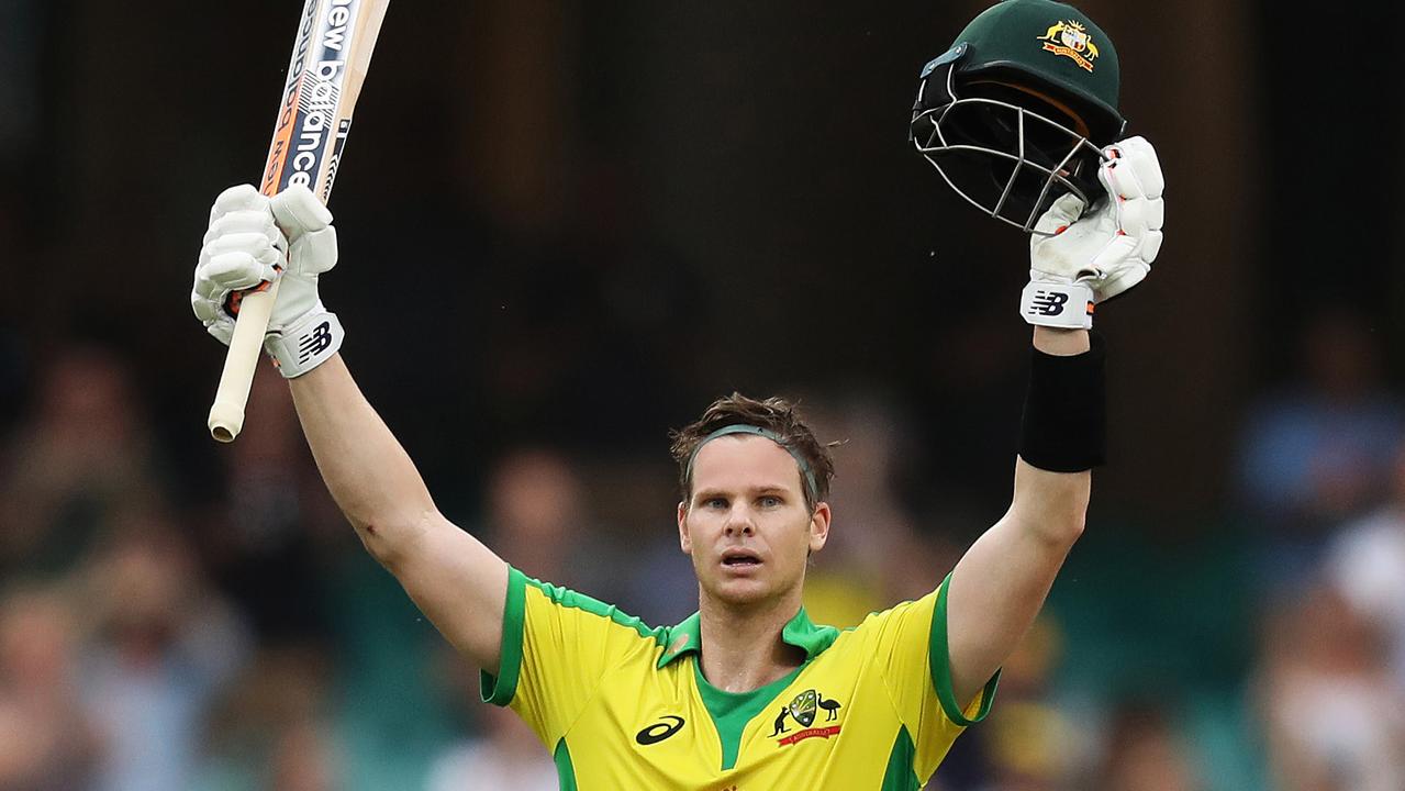 Steve Smith celebrates his century. Picture: Brett Costello