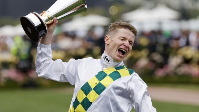 James McDonald celebrates his Champions Sprint win. Picture: Michael Klein