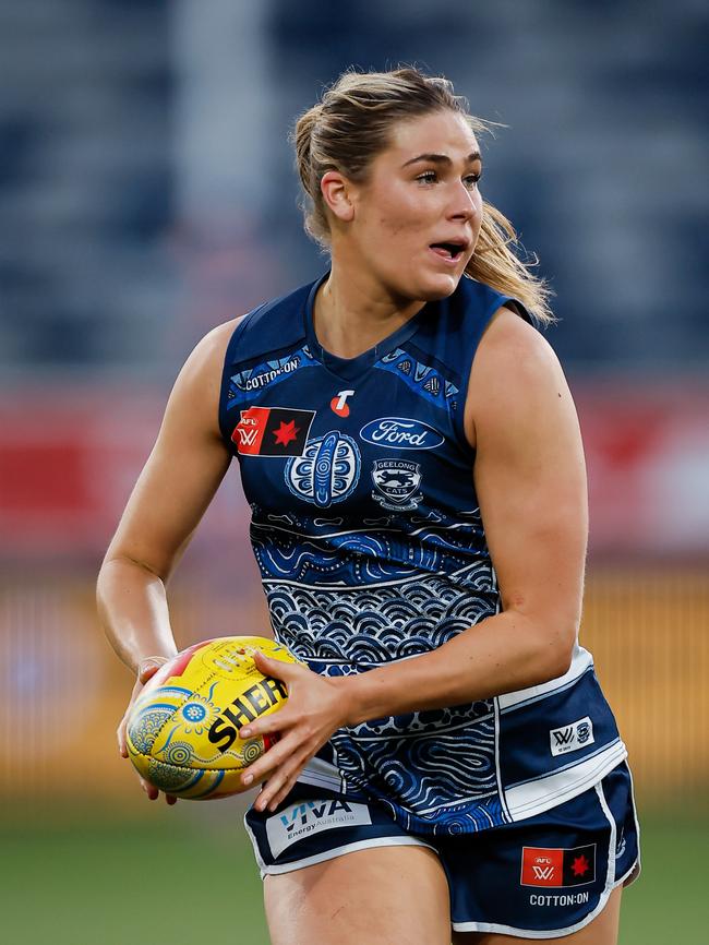 Becky Webster proved a major threat off half-back for Geelong this season. Picture: Dylan Burns/AFL Photos via Getty Images