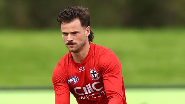 MELBOURNE, AUSTRALIA - APRIL 30: Jack Sinclair of the Saints kicks during a St Kilda Saints AFL training session at RSEA Park on April 30, 2024 in Melbourne, Australia. (Photo by Quinn Rooney/Getty Images)