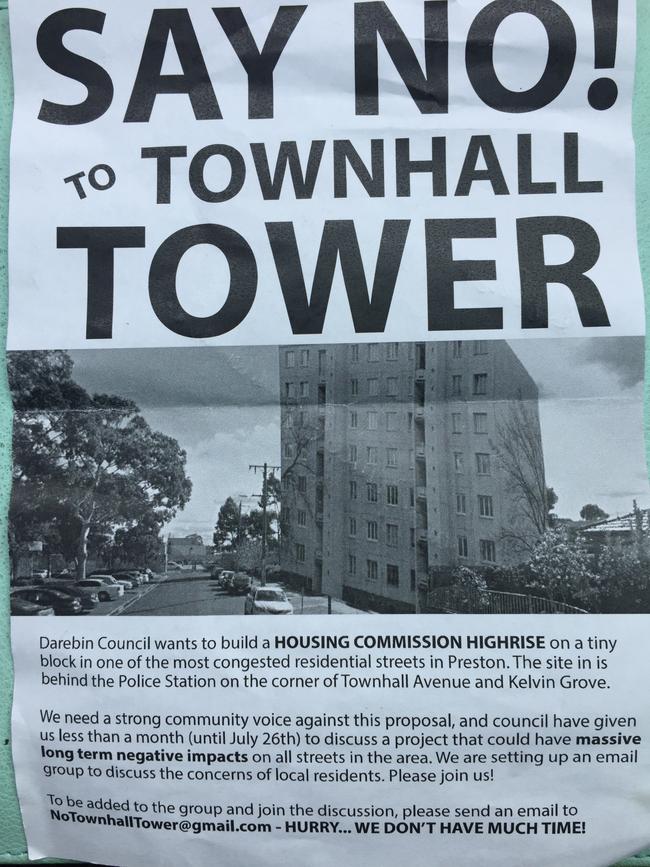 This flyer depicting a public housing high-rise on the Townhall Ave, Preston site was slammed by Darebin Council as misleading.