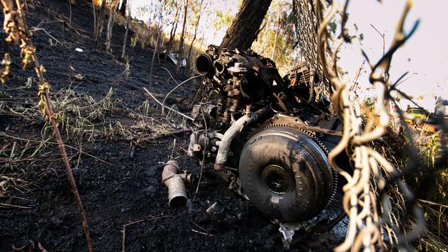 The scene of a fatal crash on Friday which saw a car roll down the M5 embankment at Revesby and catch fire. Picture: Julian Andrews