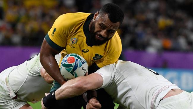 Samu Kerevi is tackled. Picture: AFP