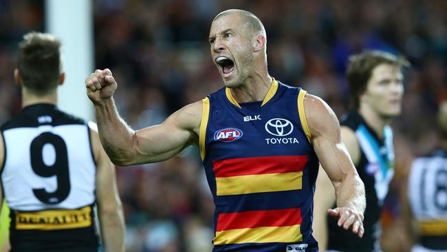 Scott Thompson celebrates a goal against Port Adelaide in Showdown 38. Picture: Sarah Reed