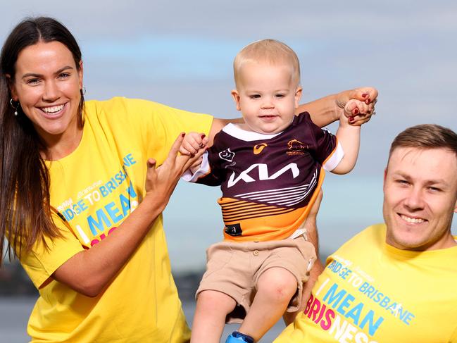 Billy Walters with fiance Rachel Ownsworth and son Hugo Walters 18 months, to launch this year's Bridge to Brisbane, Newstead, on Thursday 8th June 2023 - Photo Steve Pohlner