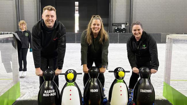 Mark Holmes, Ebony Linnell and Jessica Featherstone.  MyState Bank Arena Glenorchy to establish a temporary ice rink for a month in June 2025.  Picture: MyState Bank Arena