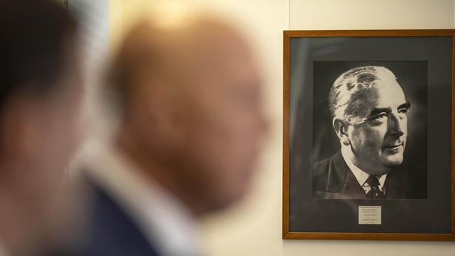 A portrait of Sir Robert Menzies in the Opposition party room at Parliament House, where Liberal leader Peter Dutton addresses the media. Picture: Gary Ramage/NCA NewsWire