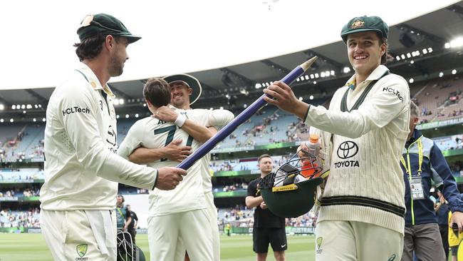 Konstas (right) earned a stump for his effort on debut. (Photo by Martin KEEP / AFP)