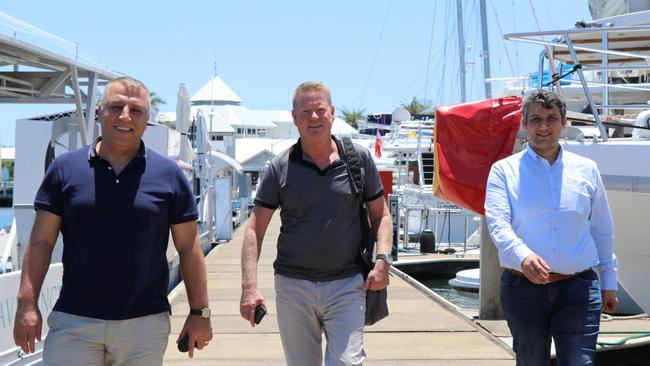 Crystalbrook Collection owner Ghassan Aboud, CEO Mark Davie and Ghassan's brother and finance director Ahmad Aboud at the Cyrstalbrook Superyacht Marina in 2019. Picture: GIZELLE GHIDELLA