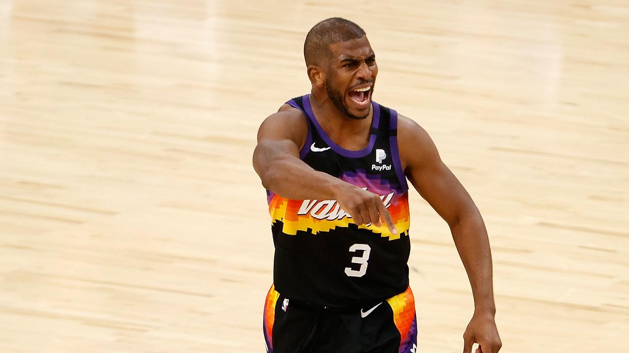 PHOENIX, ARIZONA - APRIL 07: Chris Paul #3 of the Phoenix Suns reacts during the second half of the NBA game against the Utah Jazz at Phoenix Suns Arena on April 07, 2021 in Phoenix, Arizona. The Suns defeated the Jazz 117-113 in overtime. NOTE TO USER: User expressly acknowledges and agrees that, by downloading and or using this photograph, User is consenting to the terms and conditions of the Getty Images License Agreement. (Photo by Christian Petersen/Getty Images)