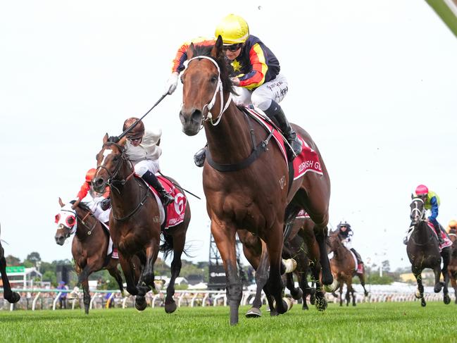 Goldrush Guru, ridden by Jamie Kah, wins the Victoria Derby at Flemington. Picture: George Sal/Racing Photos via Getty Images