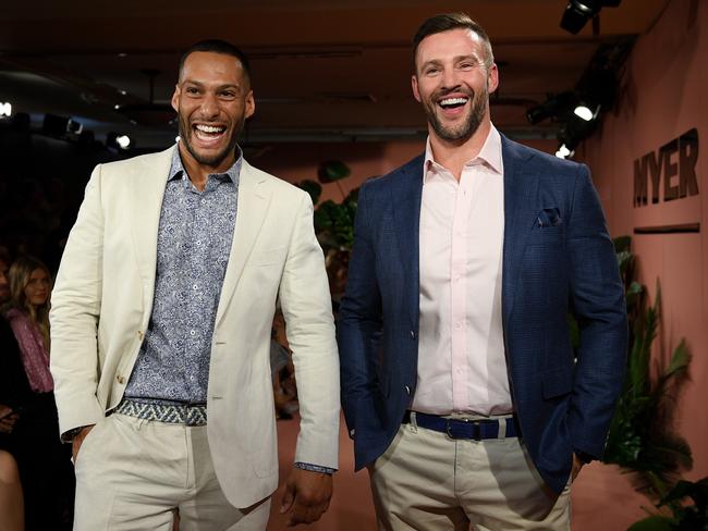 Josh Gibson and Kris Smith walk the runway. Picture: Dan Himbrechts/AAP