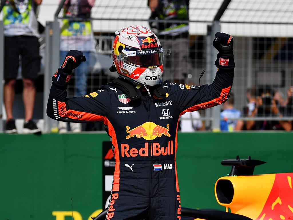 Max Verstappen celebrates his first pole position.