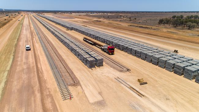 Concrete sleepers have been delivered to develop the rail line for Adani's Carmichael coal mine in Central Queensland. Picture: Cameron Laird