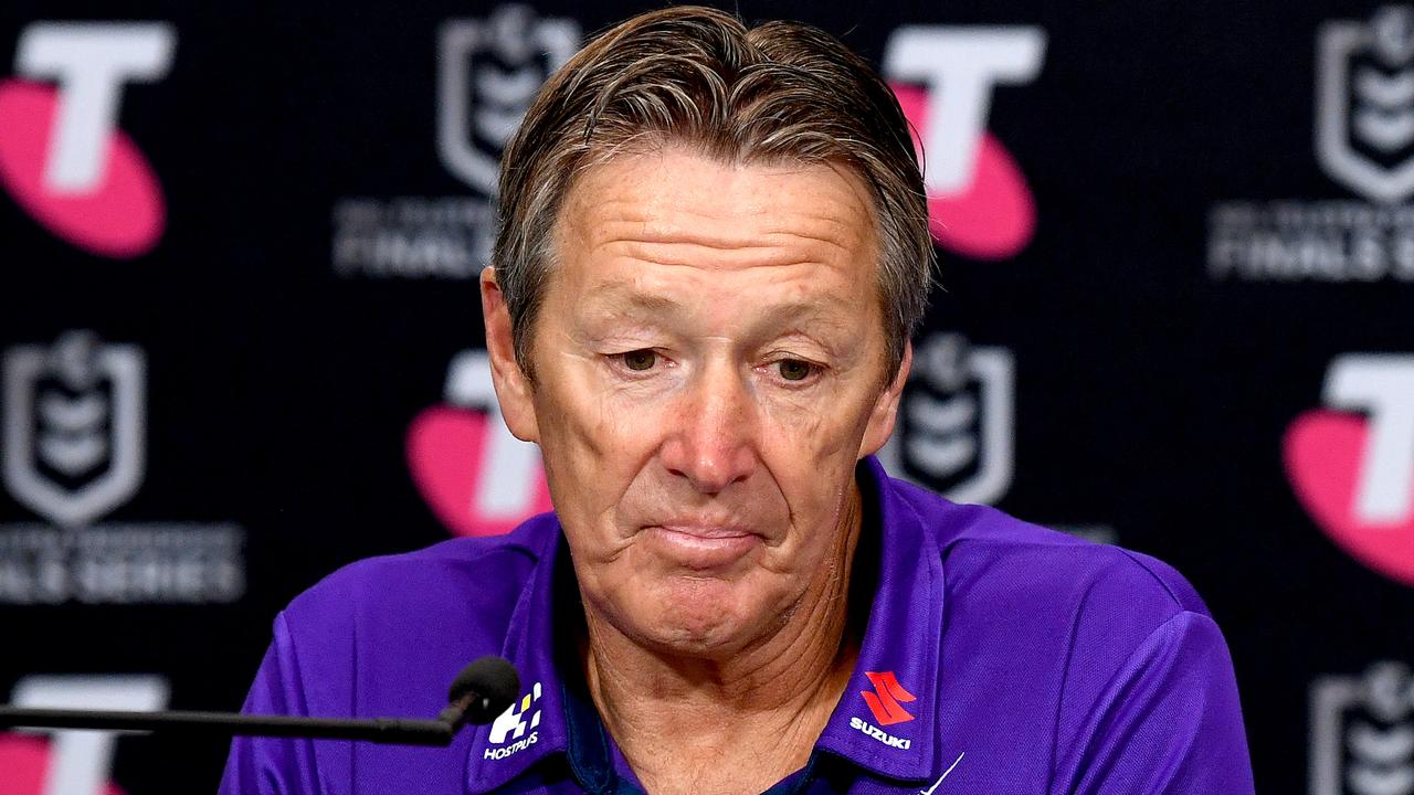 BRISBANE, AUSTRALIA - SEPTEMBER 25: Coach Craig Bellamy of the Storm speaks during a press conference after the NRL Grand Final Qualifier match between the Melbourne Storm and the Penrith Panthers at Suncorp Stadium on September 25, 2021 in Brisbane, Australia. (Photo by Bradley Kanaris/Getty Images)