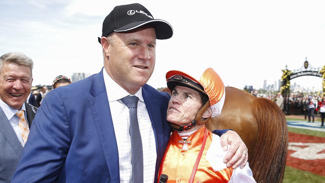 Trainer Danny O’Brien celebrates with jockey Craig Williams after Vow And Declare’s Melbourne Cup victory in 2019. Picture: Daniel Pockett / Getty Images