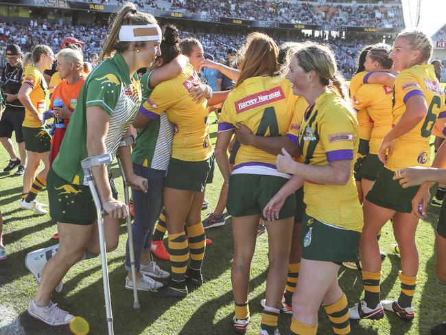 An injured Kezie Apps after the Jillaroos beat the New Zealand Ferns.