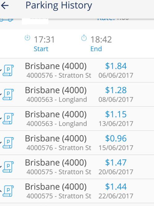 A screen shot of the Cell O Park app showing parking payments made by Bryan Daniel on Stratton St, Newstead. Picture: Supplied