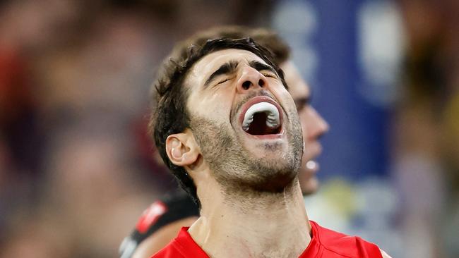 MELBOURNE, AUSTRALIA - APRIL 24: Christian Petracca of the Demons reacts during the 2024 AFL Round 07 match between the Richmond Tigers and the Melbourne Demons at the Melbourne Cricket Ground on April 24, 2024 in Melbourne, Australia. (Photo by Dylan Burns/AFL Photos via Getty Images)