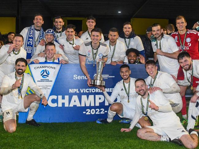 Oakleigh Cannons celebrate their NPL championship. Picture: Football Victoria