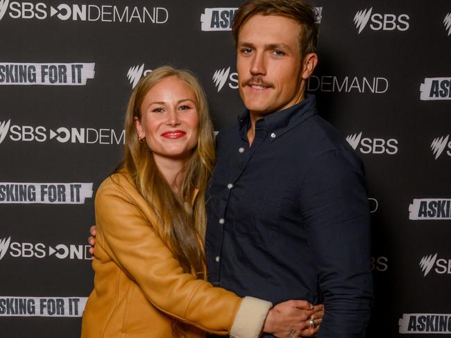 Grace Tame attends the 'Asking For It' premiere with fiancé Max Heerey. Picture: SBS