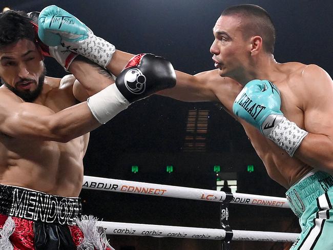 Tim Tszyu connects with a punch against Brian Mendoza in October. Picture: Bradley Kanaris/Getty Images