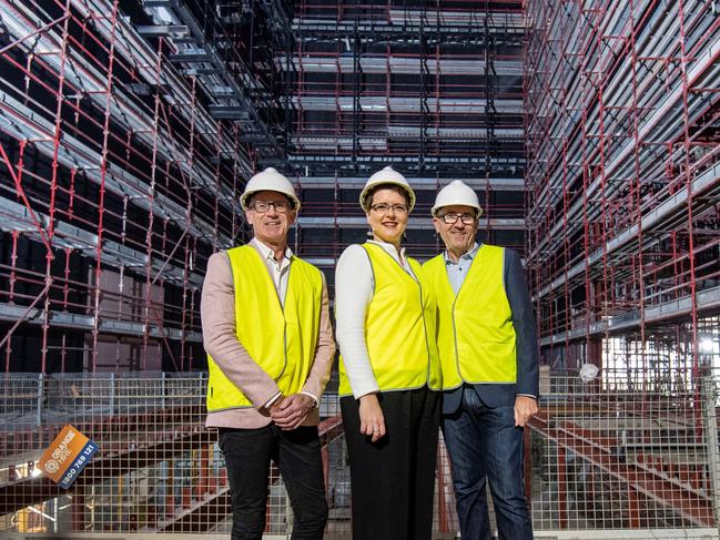 West HQ chief executive officer Richard Errington, Sydney Symphony Orchestra chief executive officer Emma Dunch, and Sydney Coliseum Theatre executive director Craig McMaster at the Sydney Coliseum Theatre.