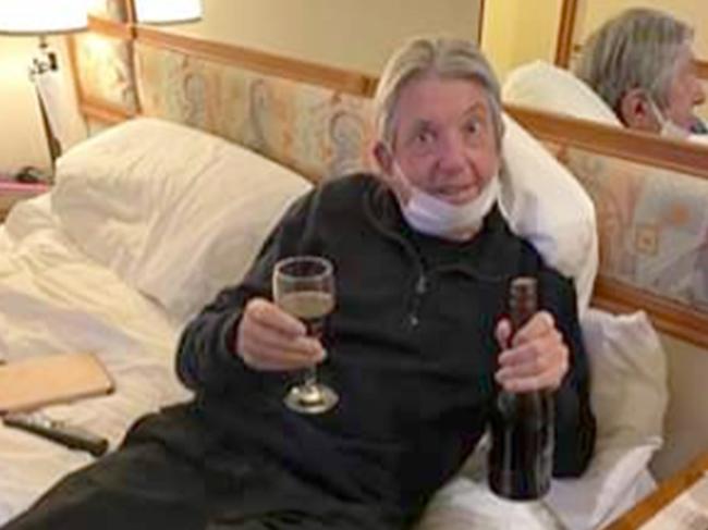 Dave Binskin had wine delivered by drone while quarantined on the Diamond Princess in Yokohama. Picture: Facebook