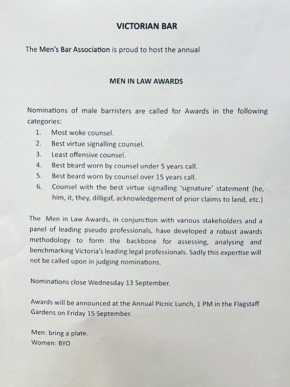 A mock notice pinned to the wall of a lift in the Owen Dixon Chambers, advertising the fake “Men in Law Awards”. Picture: Supplied