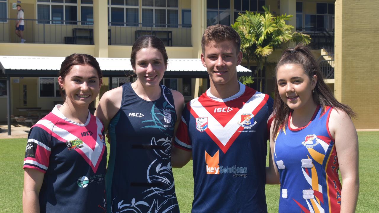 (From left) Sophie Novosel, Rebecca Symons, Henry Thorpe and Paige Zeller ahead of the Confraternity Shield and QISSN launch night in Mackay, October 27, 2021. Picture: Matthew Forrest