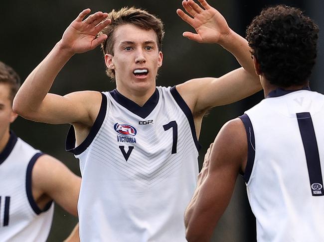 MELBOURNE, AUSTRALIA - JUNE 27: Judson Clarke of Vic Country celebrates a goal during the U19 trial match between Vic Metro and Vic Country on June 27, 2021 in Melbourne, Australia. (Photo by Martin Keep/AFL Photos via Getty Images)