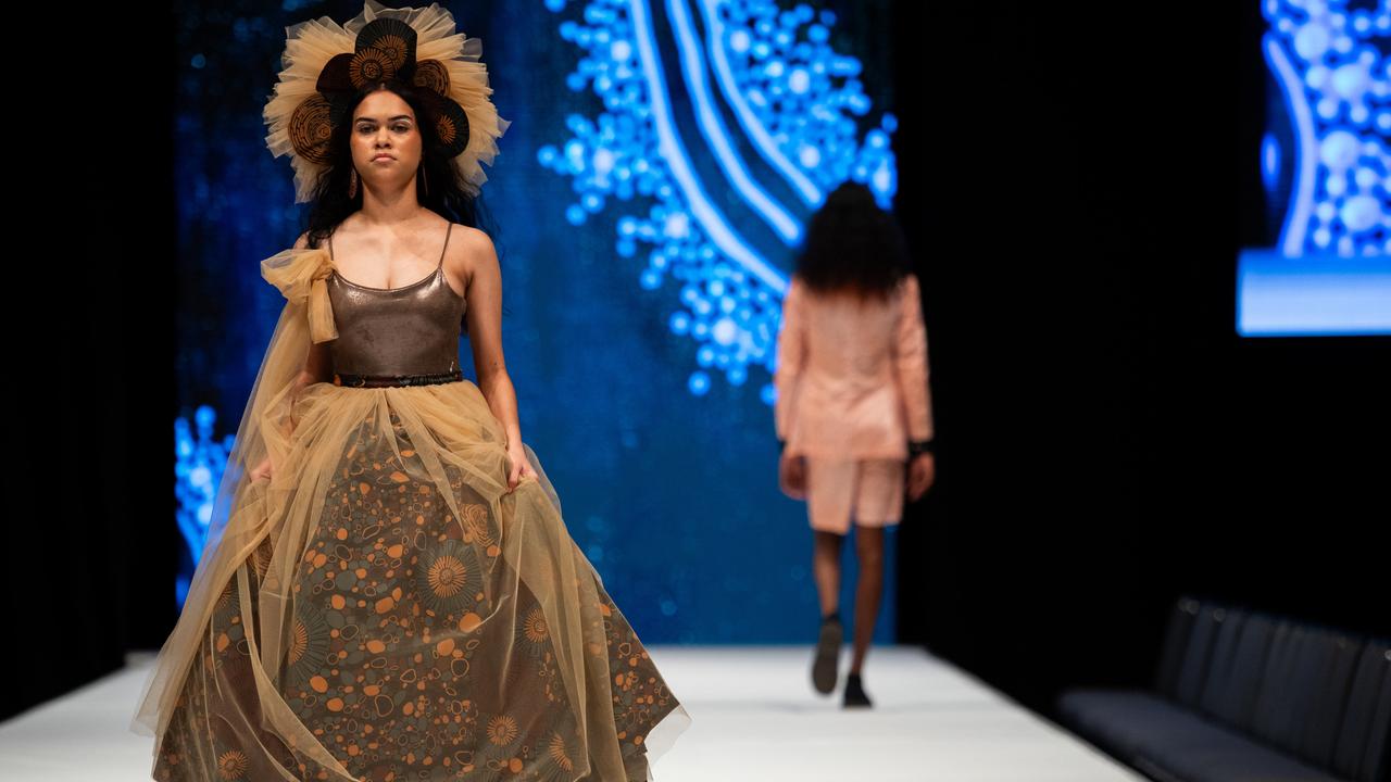 Destinee Green at the 2024 Country to Couture at the Darwin Convention Centre showcases hand-designed First Nations fashion. Picture: Pema Tamang Pakhrin